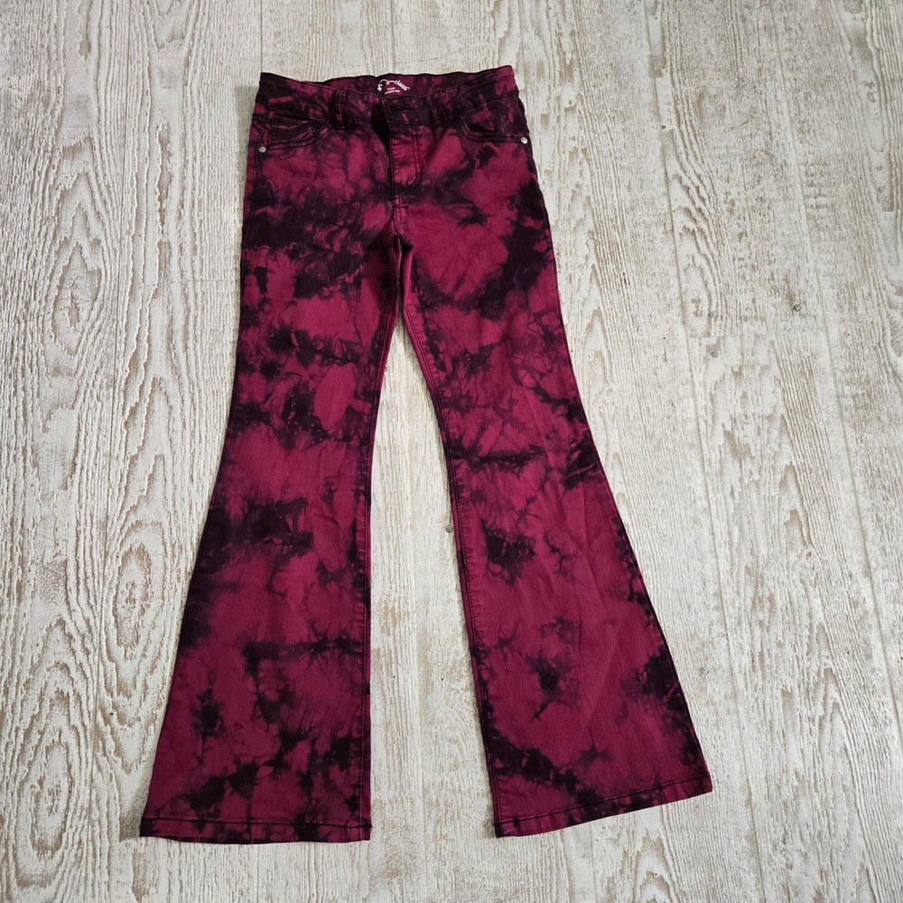 Art Class Girls Flare Jeans Burgundy Black Tie Dye Acid Wash Retro Boho Size 14